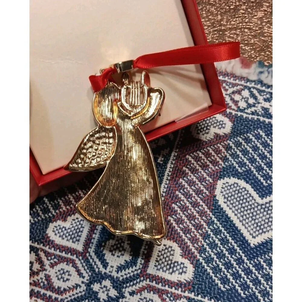 Monet Angel Harp‎ Ornament Pendant White Enamel Blue Rhinestone Christmas